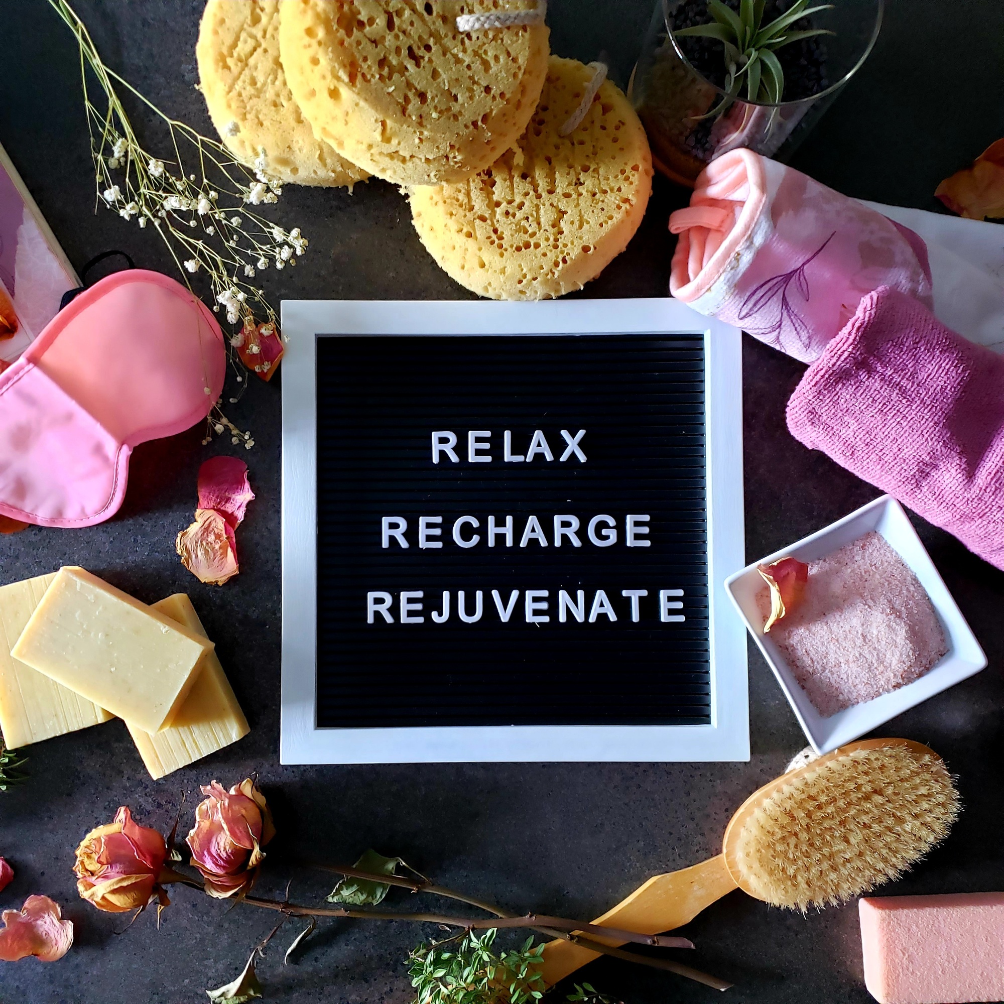 Words on letter board to motivate self care